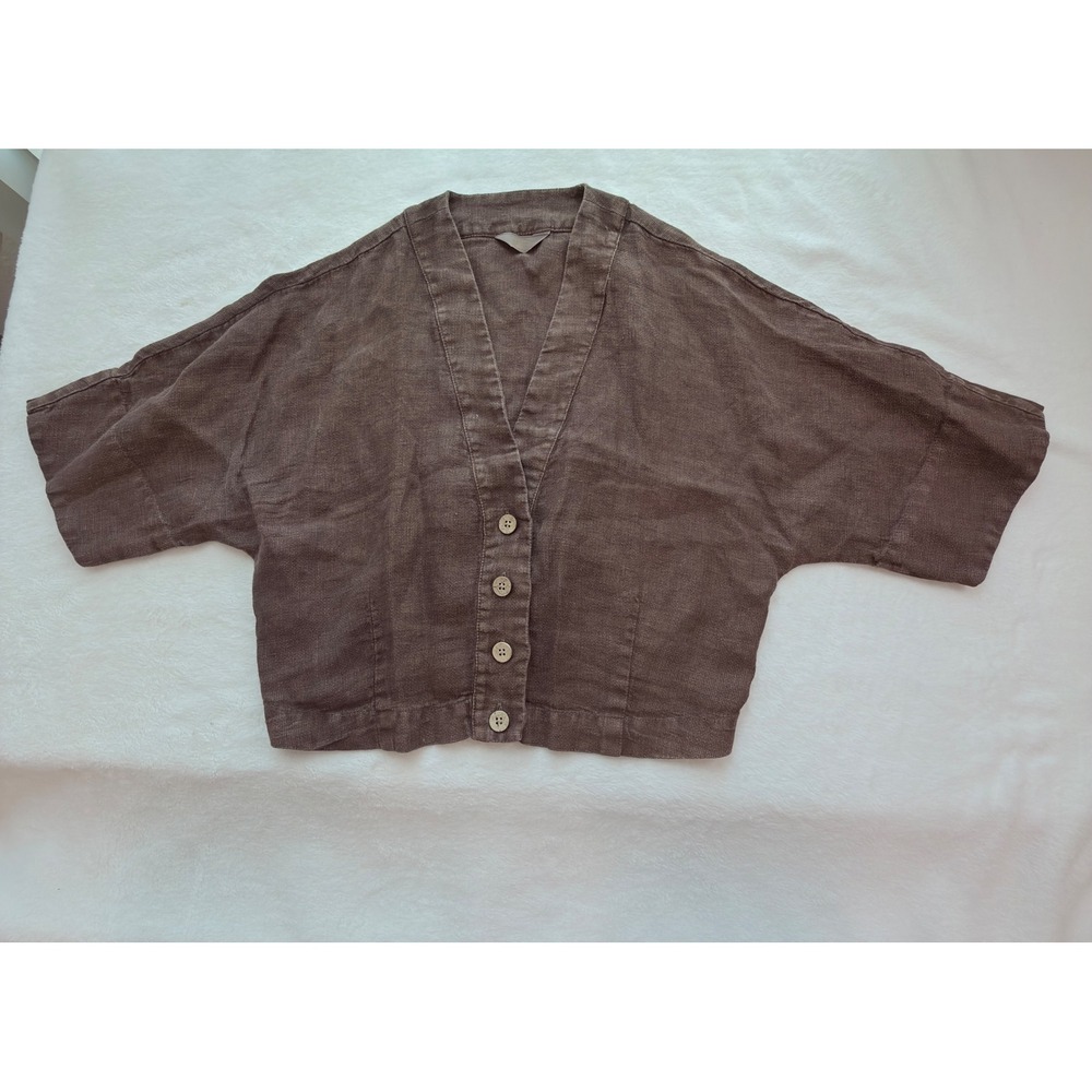 Faherty Button Crop Top Womens Small Brown Excellent Linen Dolman Short Sleeve